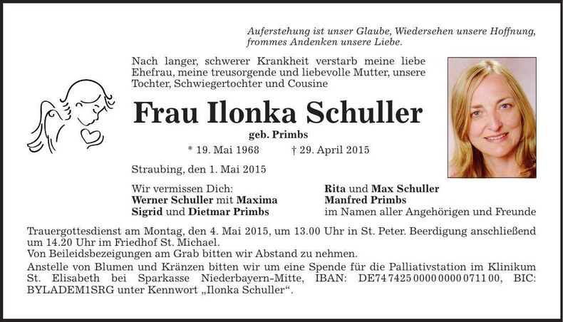 Traueranzeige Ilonka Schuller