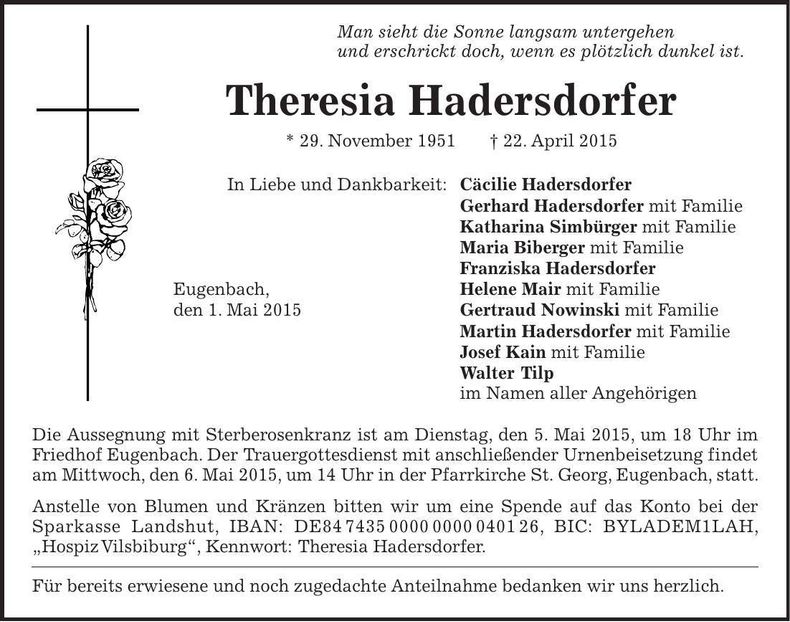 Traueranzeige Theresia Hadersdorfer
