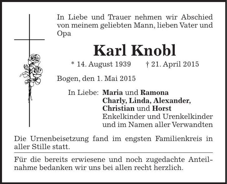 Traueranzeige Karl Knobl