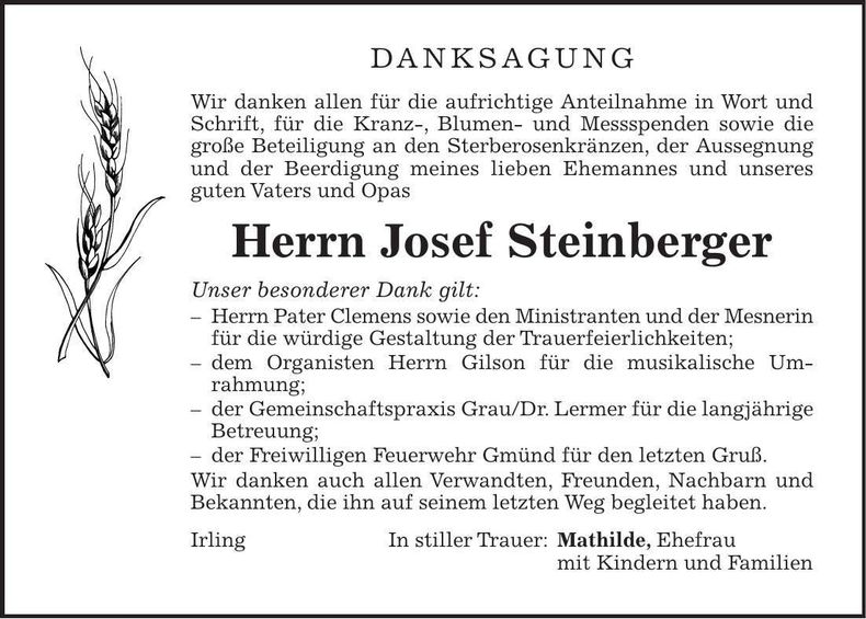 Traueranzeige Josef Steinberger