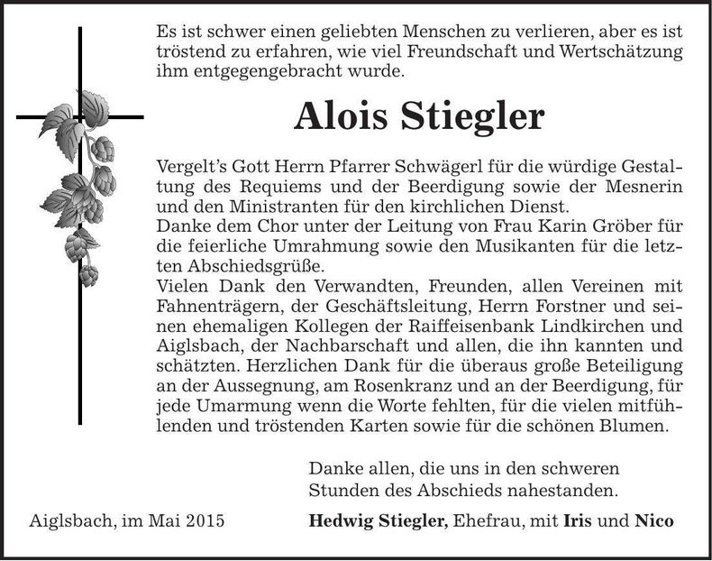 Traueranzeige Alois Stiegler