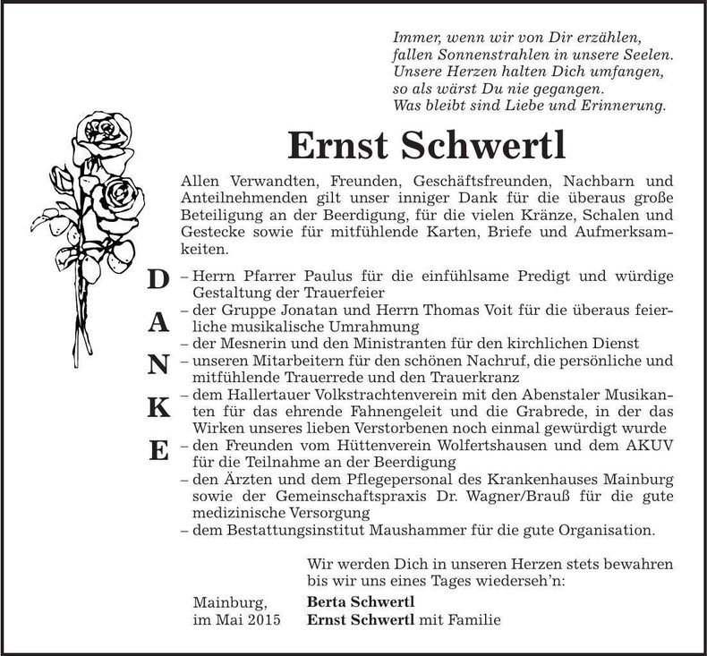 Traueranzeige Ernst Schwertl
