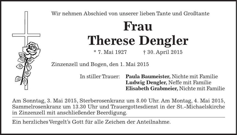 Traueranzeige Therese Dengler