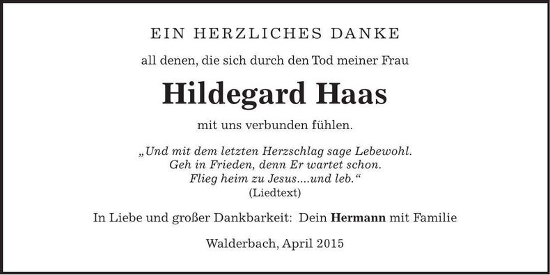 Traueranzeige Hildegard Haas
