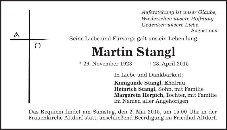 Traueranzeige Martin Stangl
