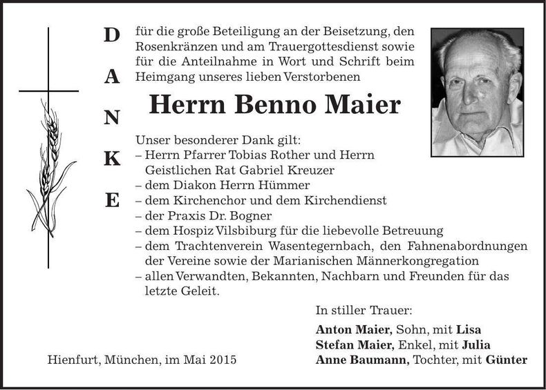 Traueranzeige Benno Maier