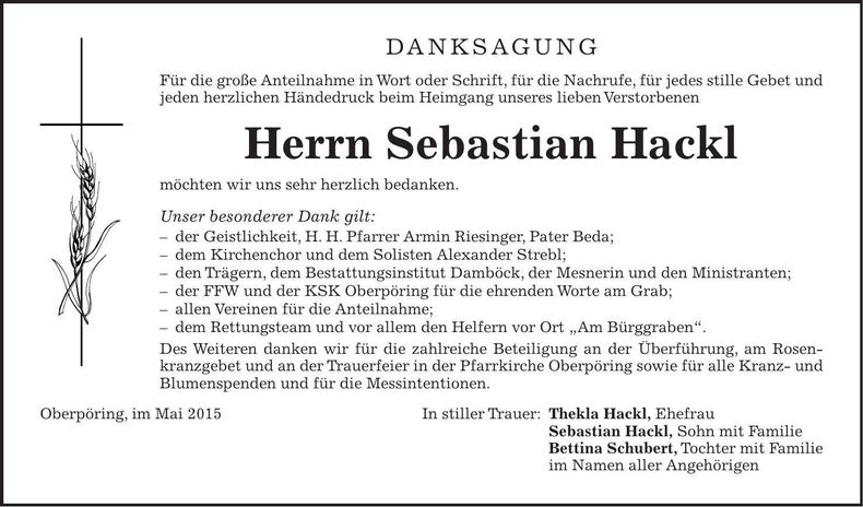 Traueranzeige Sebatian Hackl