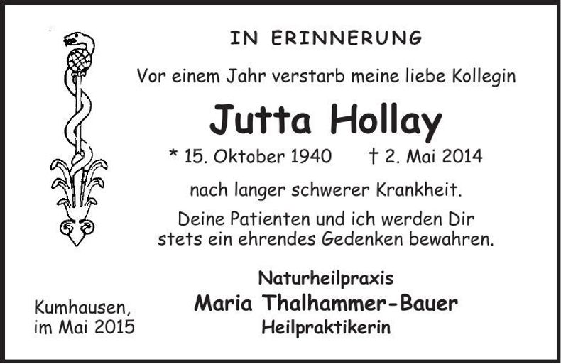 Traueranzeige Jutta Hollay