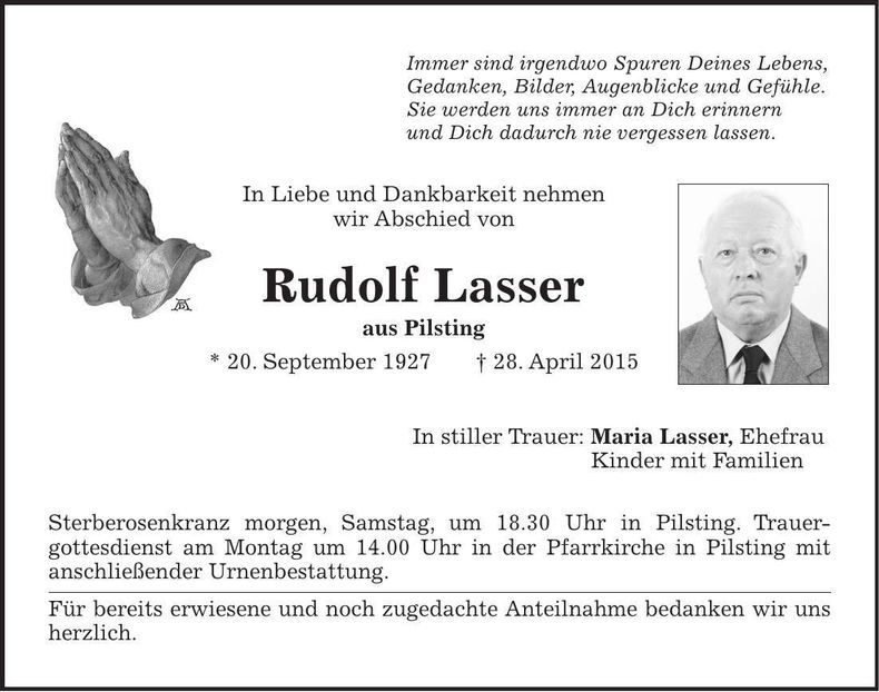 Traueranzeige Rudolf Lasser