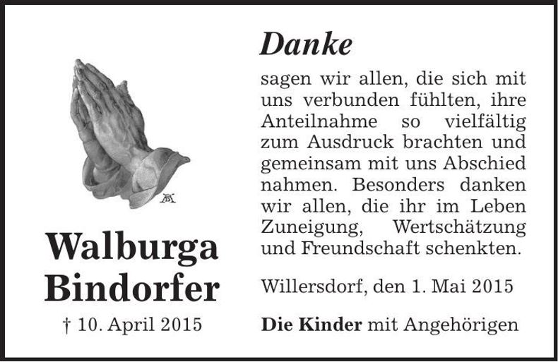 Traueranzeige Walburga Bindorfer