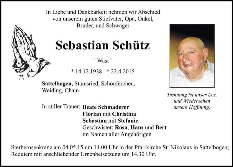Traueranzeige Sebastian Schütz