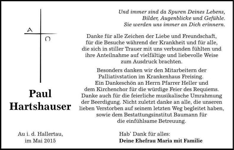 Traueranzeige Paul Hartshauser