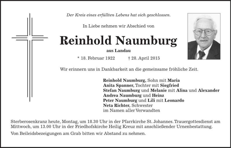Traueranzeige Reinhold Naumburg