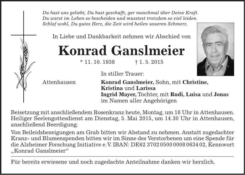 Traueranzeige Konrad Ganslmeier