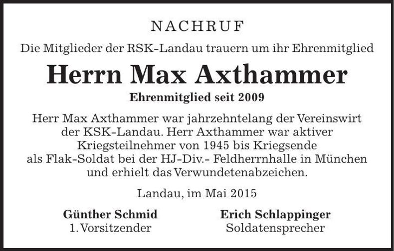 Traueranzeige Max Axthammer