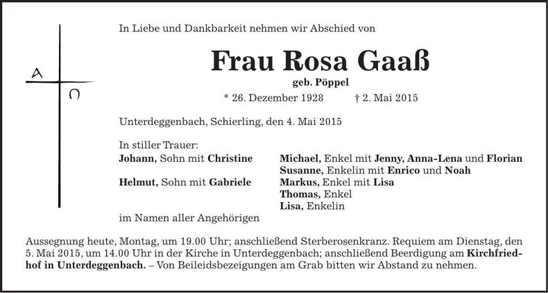 Traueranzeige Rosa Gaaß