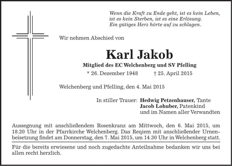 Traueranzeige Karl Jakob
