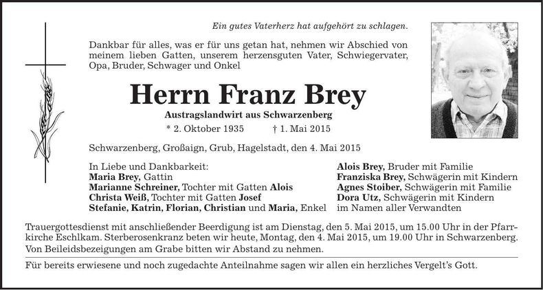 Traueranzeige Franz Brey