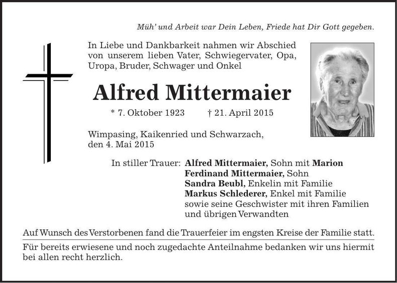Traueranzeige Alfred Mittermaier