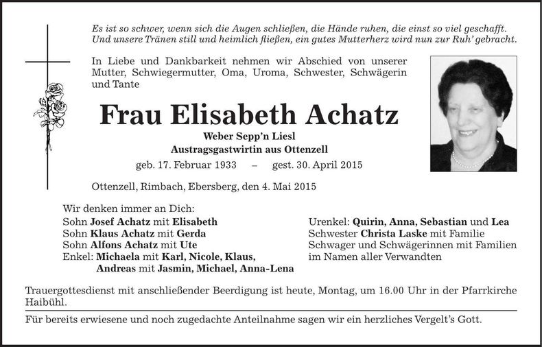 Traueranzeige Elisabeth Achatz