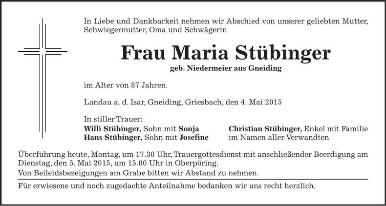Traueranzeige Maria Stübinger