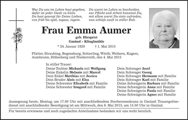 Traueranzeige Emma Aumer