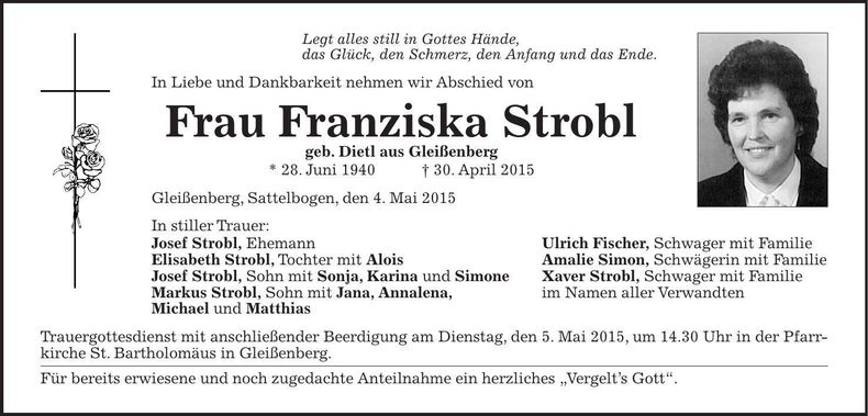 Traueranzeige Franziska Strobl