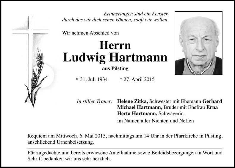 Traueranzeige Ludwig Hartmann