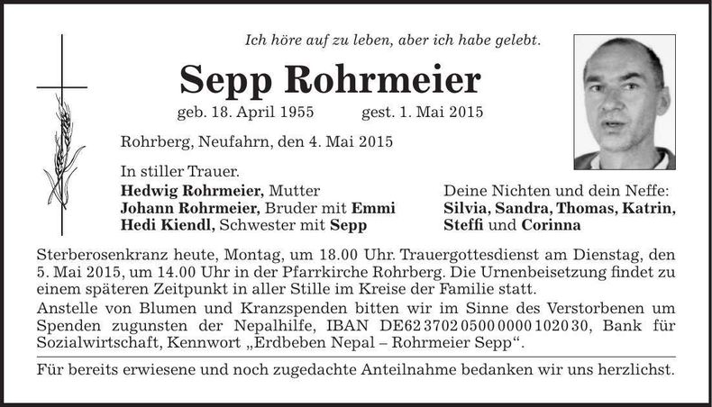 Traueranzeige Sepp Rohrmeier
