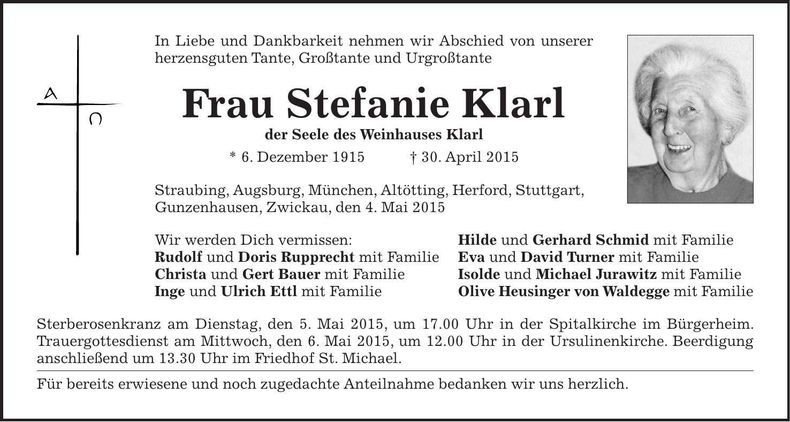 Traueranzeige Stefanie Klarl