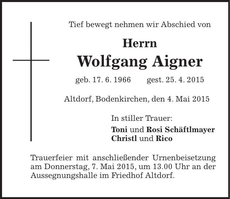 Traueranzeige Wolfgang Aigner