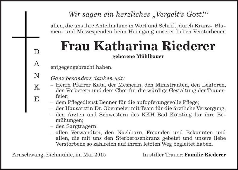 Traueranzeige Katharina Riederer