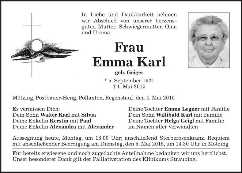 Traueranzeige Emma Karl