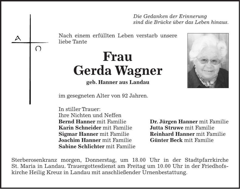 Traueranzeige Gerda Wagner