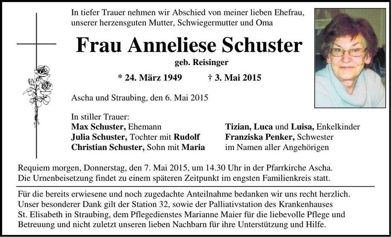 Traueranzeige Anneliese Schuster