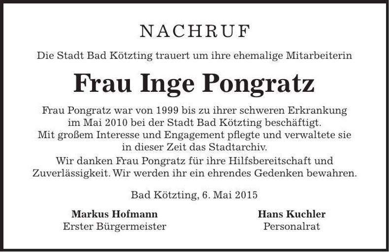Traueranzeige Inge Pongratz