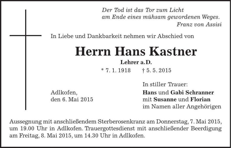 Traueranzeige Hans Kastner
