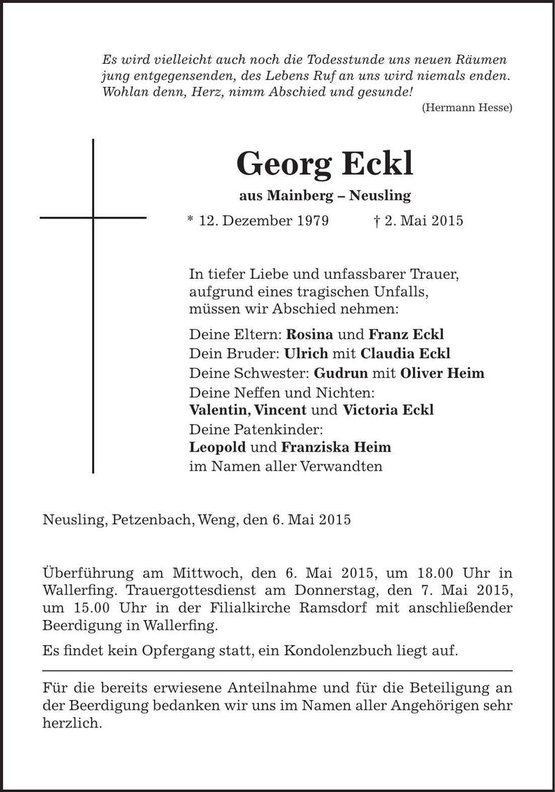 Traueranzeige Georg Eckl