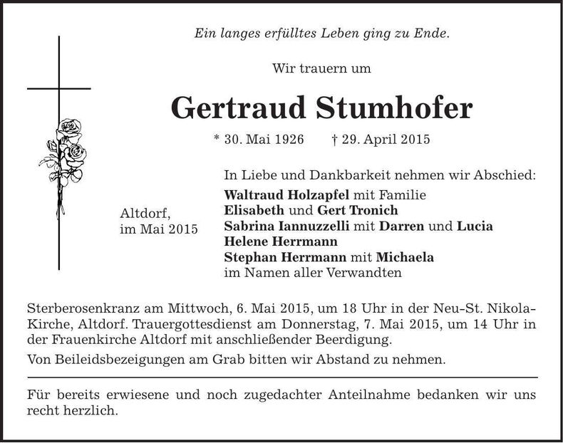 Traueranzeige Gertraud Stumhofer