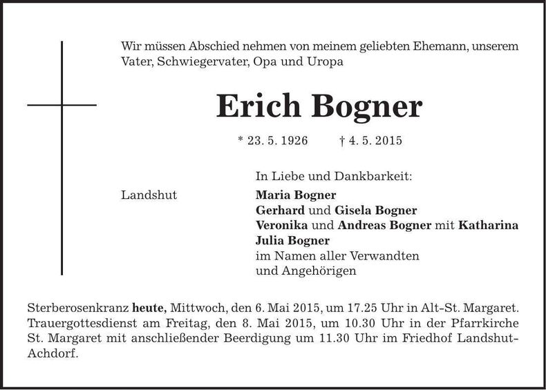 Traueranzeige Erich Bogner