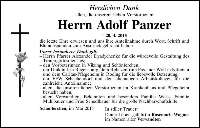 Traueranzeige Adolf Panzer
