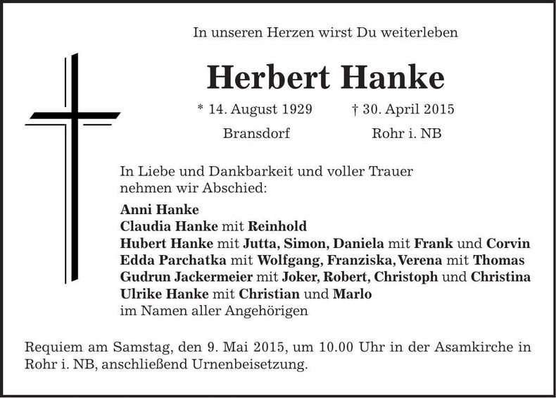Traueranzeige Herbert Hanke