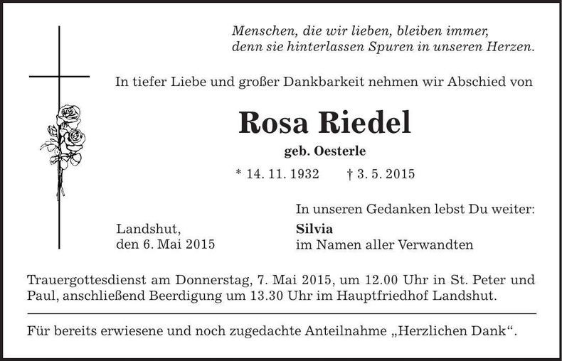 Traueranzeige Rosa Riedel