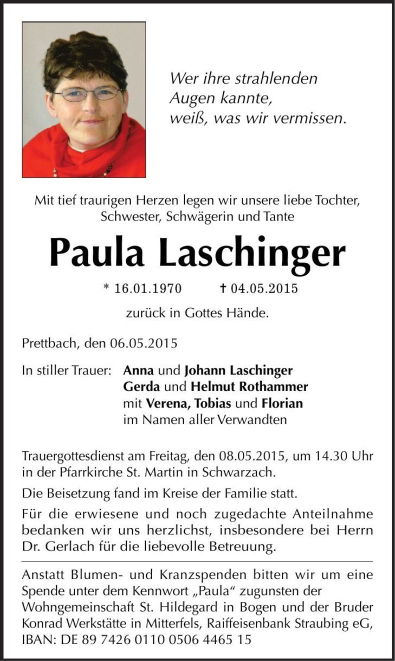 Traueranzeige Paula Laschinger