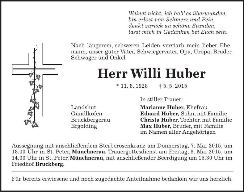 Traueranzeige Willi Huber