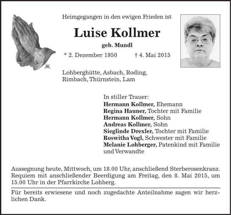 Traueranzeige Luise Kollmer