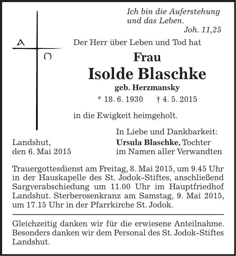 Traueranzeige Isolde Blaschke