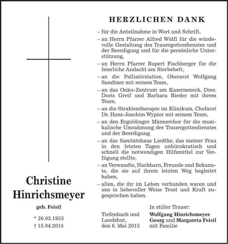 Traueranzeige Christine Hinrichsmeyer