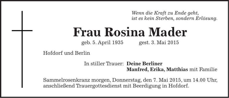 Traueranzeige Rosina Mader