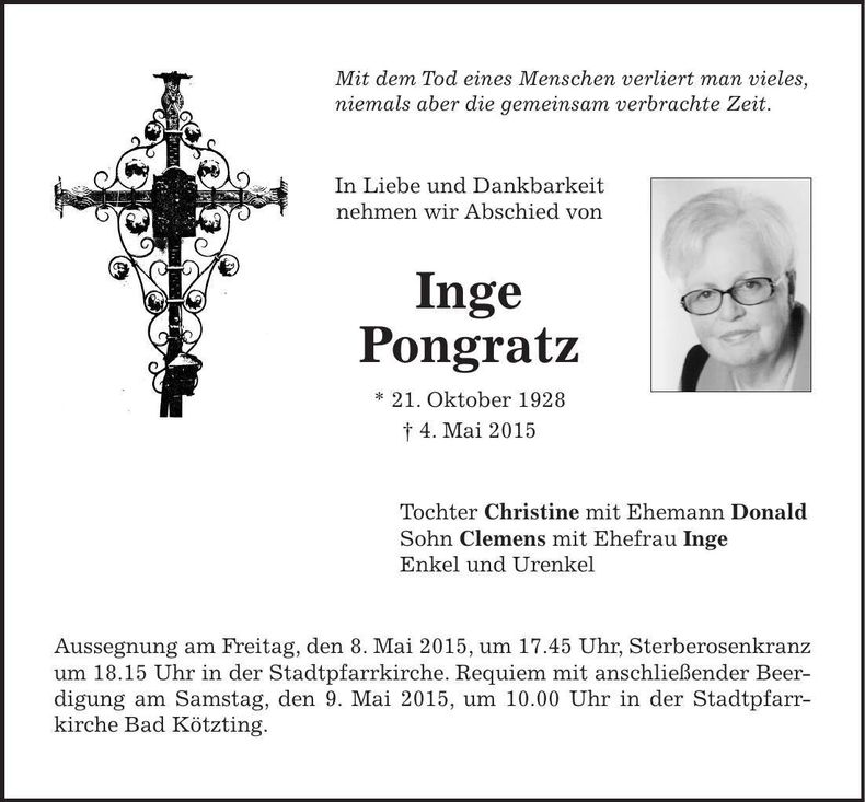 Traueranzeige Inge Pongratz